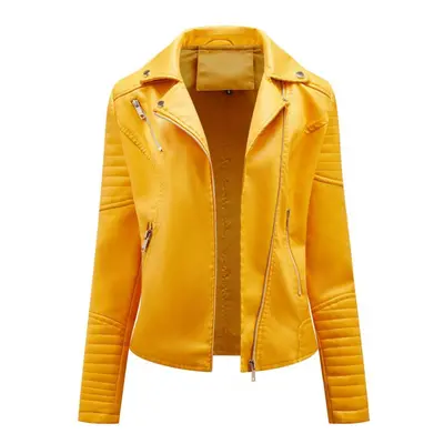 (yellow, L) Faux Leather Jacket For Women Turn Down Collar Diagonal Zip Pu Moto Biker Coat Casua