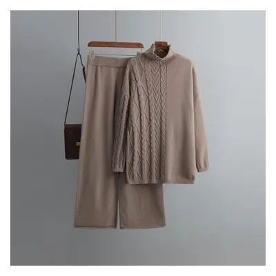 (coffee, OneSize) Autumn Winter Oversized High Neck Long Sleeve Solid Color Casual Set Women Sof