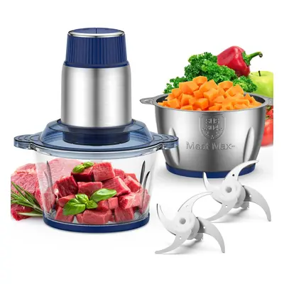 (Blue) Food processor with bowls (2L+2L), electric food chopper with sets of double blades