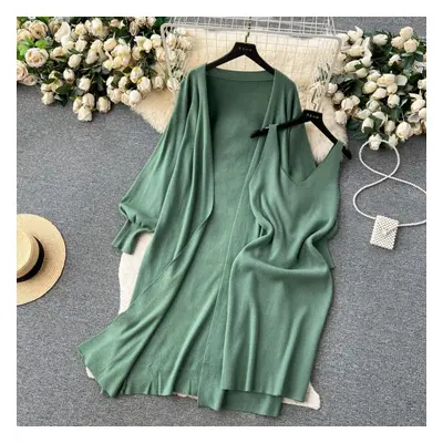 (green, One Size) French High-end Solid Color Knit Fashion Suit Two Pieces Set Women&apos;s Autu