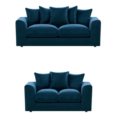 (Blue, & Seater Set) Brooklyn Plush Velvet Fibre & Seater Sofa Set