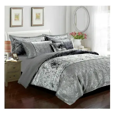 (Silver, Double) Luxury Crushed Velvet SANTIAGO Duvet Cover Bedding