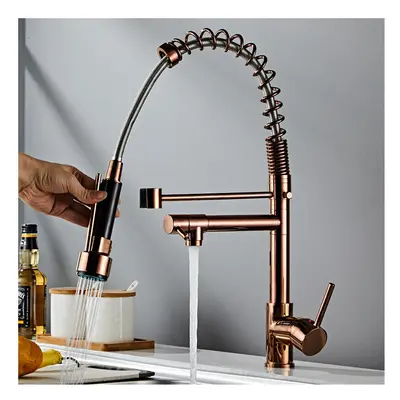 All-copper Style Rose gold High-Pressure Pull Large Spring Double Outlet Kitchen Sink Hot and Co