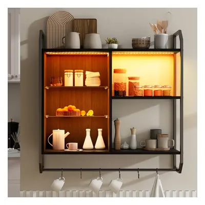 Wall Mounted Storage Cabinet Wood Floating Display Shelf Light Hooks