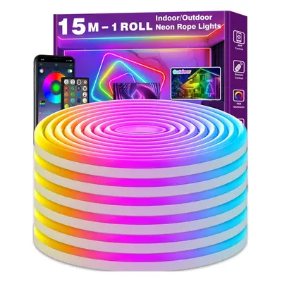 (15m neon) 15m Led Neon Rope Lights,Flexible Led Rope Lights,Control with App/Remote,Multiple Mo