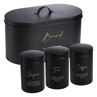 Bread Box and Canister Set for Kitchen Countertop (4-Piece Set), Metal Bread Bin, Sugar Tea and 