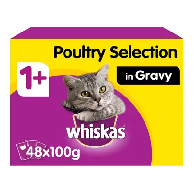 WHISKAS 1+ Cat Pouches Poultry Selection In Gravy 12x100g (Pack of 4)