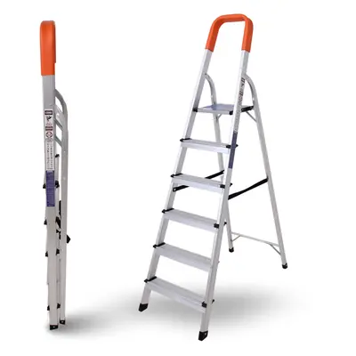 (6-Step Ladder) Aluminium Step Ladders - Heavy Duty Folding Ladder with Safety Handrail - Compac