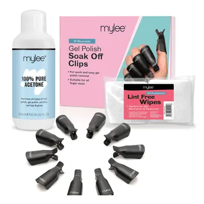 Gel Nail Polish Remover Set - Pure Acetone 300ml + 100pcs Lint Free Wipes + 10pcs Soak Off Nail 