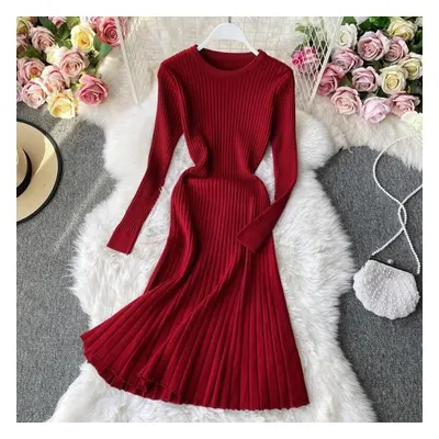 (red, One Size) Vintage Women&apos;s Dress Solid Color O-neck Long Sleeve Knit Dresses Female Hi