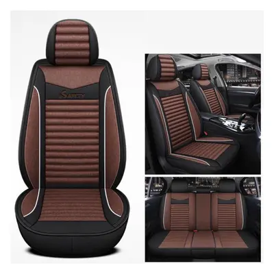 (Brown) Five-seat Fully Surrounded Car Seat Cushion Four Seasons Universal Linen Fabric Seat Cov