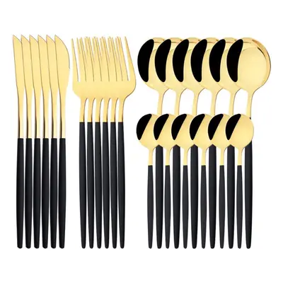 (black,gold, 24PCS) Luxury 24pcs Rose Gold Dinnerware Set Knife Fork Spoon Cutlery Set With Gift