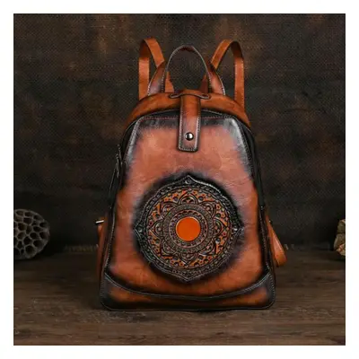 (brown) Johnature Vintage Totem Embossed Backpack Versatile Women Leather Bag Solid Color Large 