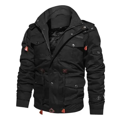 (black, 2XL) Men&apos;s Winter Fleece Jackets Warm Hooded Coat Thermal Thick Outerwear Men Milit