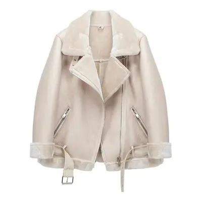 (white, XL) Winter Coats Women Thickness Faux Leather Fur Sheepskin Female Fur Leather Jacket Av