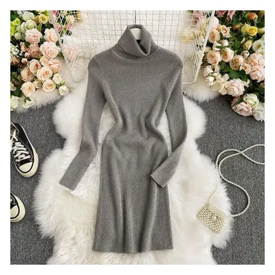 (gray, One Size) New Autumn Winter Women&apos;s Dress Temperament Solid Color Thicken Knit Dress