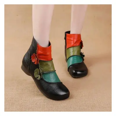 (black, 39) Winter New Low Heel Cow Muscle Sole Short Ankle Boots Ethnic Style Flower Colored Ge