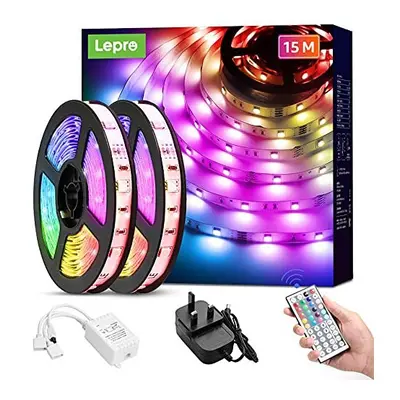 Lepro LED Strip Lights 15M with Remote and Plug, RGB Colour Changing LED Strips, Dimmable Strip 