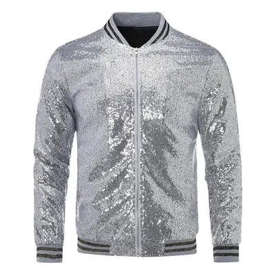 (Silver, M) Allthemen Mens Sequins Casual Zipper Party Bomber Jacket