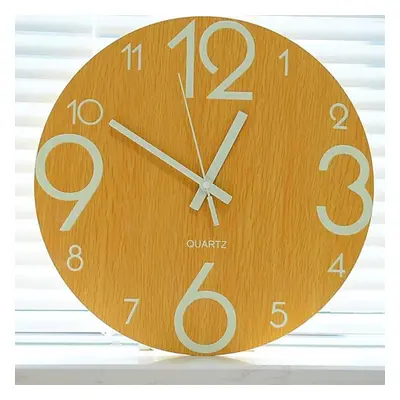 (Log Color) 12'' Glow In The Dark Mute Wood Wall Clock For Home Living Room Outdoor Gifts