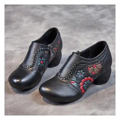 (black, 34) Johnature Vintage Handmade Genuine Leather Pumps Ethnic Style Flower Mid Heel Round 