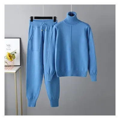 (blue, One Size) Winter Women&apos;s Sweater Set Casual Fashion High Neck Solid Color Sweater Kn