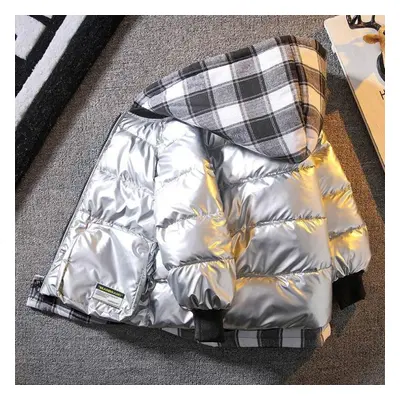 (silver, 160cm) Boys Down Jacket For Autumn Winter Outerwear Plaid Boys Waterpoof Hooded Coat Ch