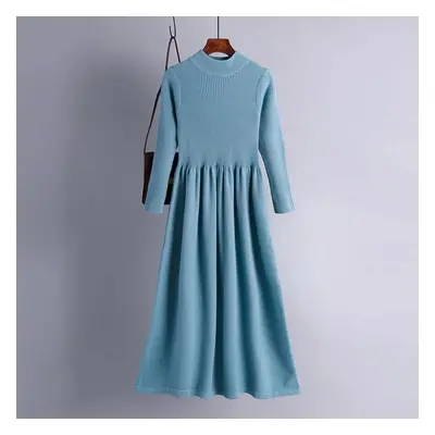 (blue, One Size) Women Spring Chic Solid Knitted Sweater Dress Full Sleeve Half High Collar Ladi