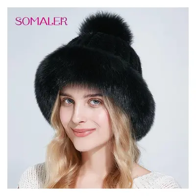 (as the picture) Somaler Natural Mink Fur Hats For Women Winter Fox Fur Caps With Pompom Fashion