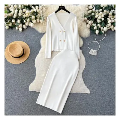 (white, One Size) Women Chic Elegant Elastic Bodycon Dress Sexy Long Sleeve Fashion Double Breas