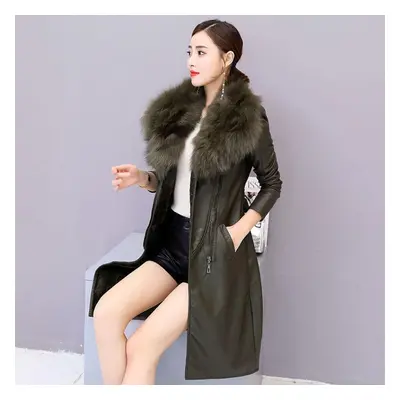 (green, XL) Women&apos;s Leather Jacket Winter Women&apos;s Coat With Fur Fox Collar Warm Slim P