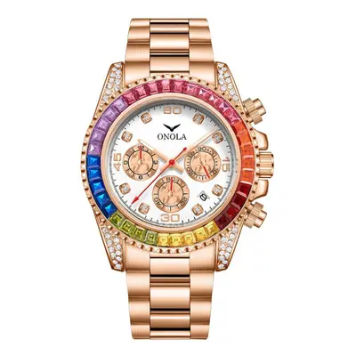 (rose gold,white) Fashion Rose Gold Business Men&apos;s Watch Rainbow Diamond Watch Ring Waterpr