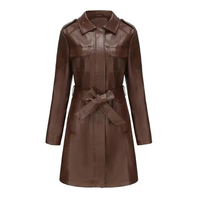 (brown, 2XL) Women's Trench Coats Faux Leather Zipper Long Jackets With Belt Pockets Slim Fit Pu