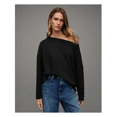 (Black, Medium) All Saints Rita T-shirt Designer Long Sleeve Relaxed Oversize Fit Tee Top