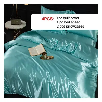 (lake blue, Twin pcs) 4pcs/set Summer Smooth Nude Sleeping Silky Bedding Set Light Luxury Satin 