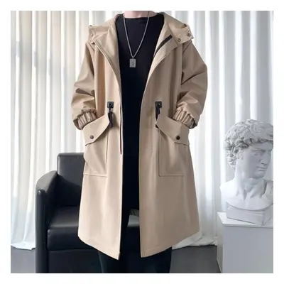 (khaki, XXL) Long Trench Coat Jacket Men Cotton Autumn Spring Black Hip Hop Japanese Coats Stree