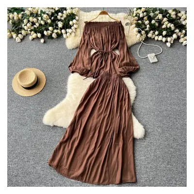 (coffee, One Size) Gentle Two Piece Sets Women Slash Neck Off Shoulder Lantern Long Sleeve Slim 