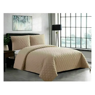 (Beige , Super King) Luxury Quilted 3PC INSP Bedspread/Thrw