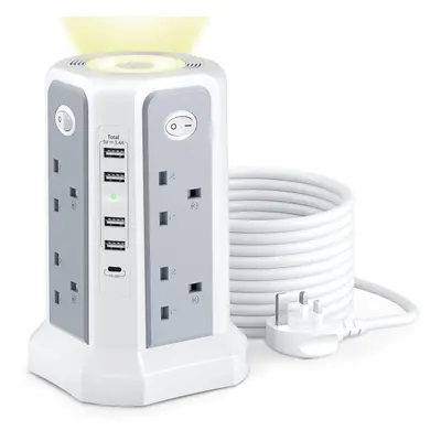 Tower Extension Lead with USB Slots and Night Light, 20W USB C Fast Charger, (13A 3250W)5 USB Po