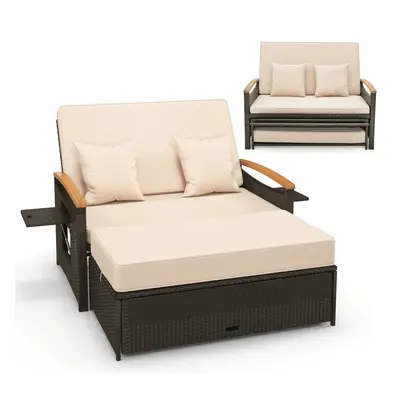 Outdoor Sun Lounger Set Rattan Daybed Woven Loveseat W/Ottoman