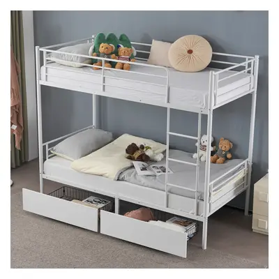 Heavy Stable Metal Bunk Bed Frame Single Loft Sleeper W/ Two Drawers & Ladder