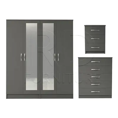 Ready assembled Pcs Classic Door Double Mirrored Wardrobe, Chest And Bedside Set Grey