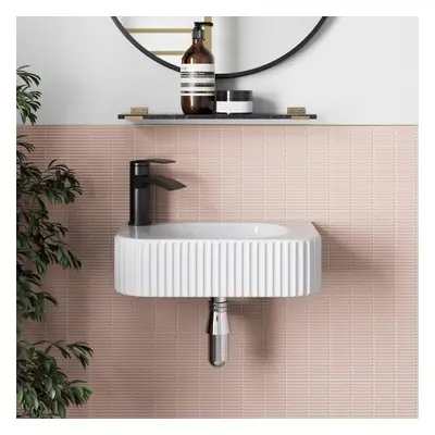 Bathroom Wall Hung Basin Sink Fluted Gloss White Tap Hole Modern x 265mm