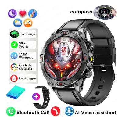 (black, Leather + silicone) New Outdoor Military Gps Smart Watch Men Amoled Hd Screen Heart Rate