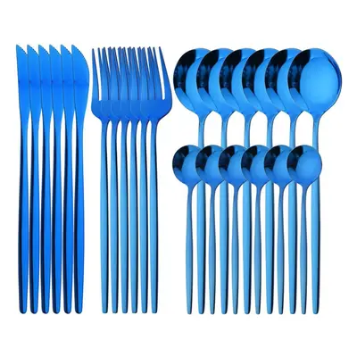 (blue, 24pcs with box) Luxury 24pcs Rose Gold Dinnerware Set Knife Fork Spoon Cutlery Set With G