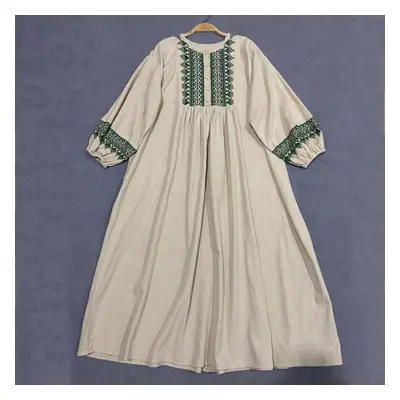 (linen, One Size) Johnature Vintage Embroidery Women Dresses Spring Autumn Loose Mori Cotton Cas