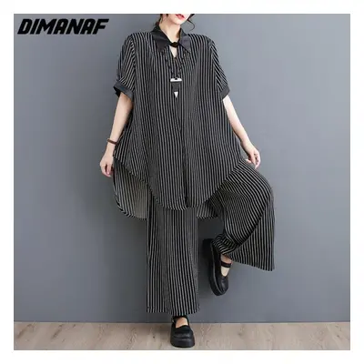 (black, One Size) Dimanaf Plus Size Two Piece Set Suit Women Chiffon Vinatge Print Striped Tops 