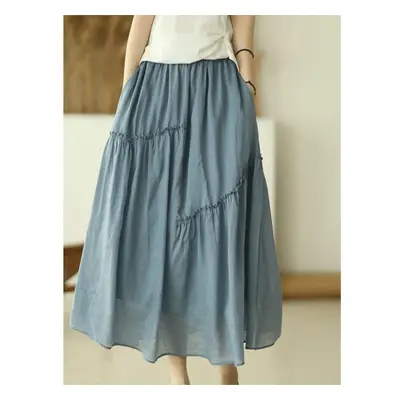 (One Size, light blue) Johnature Women Patchwork Vintage Skirts Elastic Waist Solid Color High Q