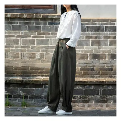 (as the picture, One Size) Johnature Women Loose Cotton Linen Casual Pants Solid Color Elastic W