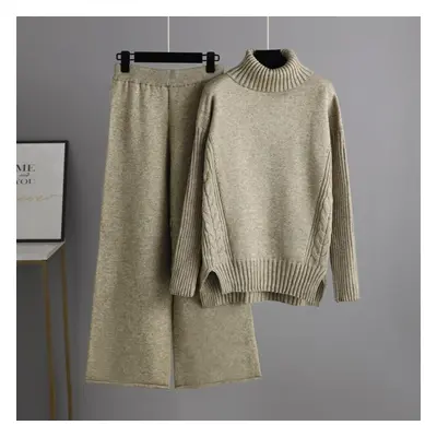 (khaki, OneSize) Fall Winter Lazy Wind Loose Turtleneck Sweater Suit Women&apos;s Sollid Color L